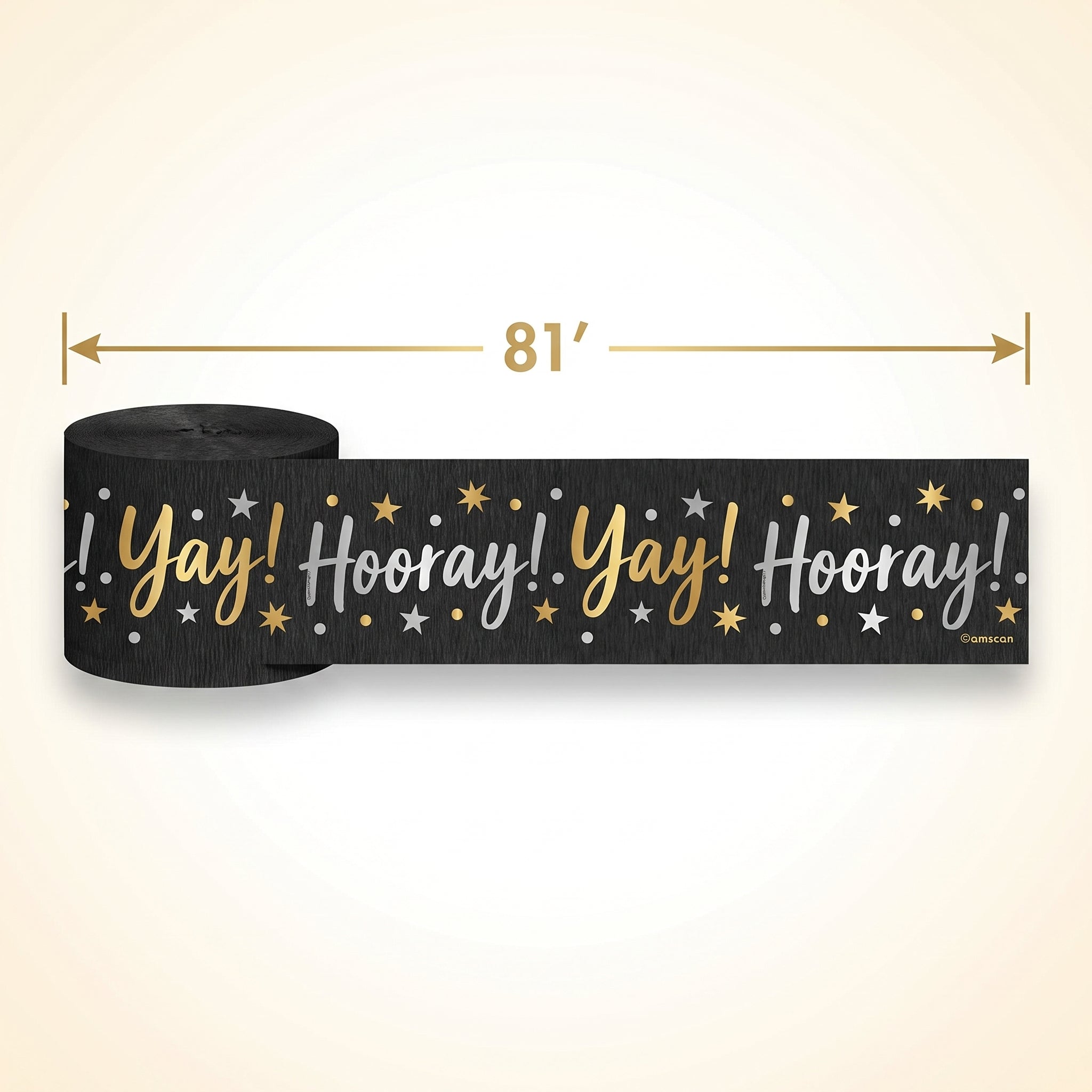 Black & Gold "Yay" Crepe Paper Streamer - 81 ft