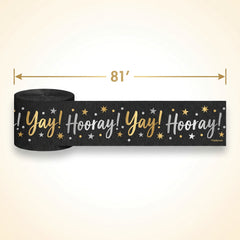 Black & Gold "Yay" Crepe Paper Streamer - 81 ft