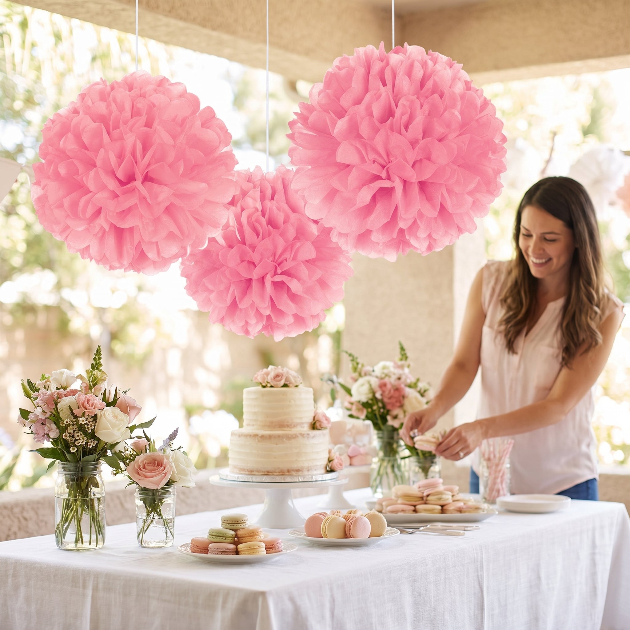 Elegant Pink Tissue Pom Pom Decorations - 3 Pack