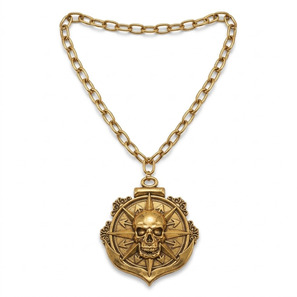 Pirate Compass Skull Medallion Necklace - 32" Gold Costume Accessory