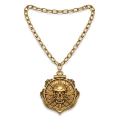 Pirate Compass Skull Medallion Necklace - 32" Gold Costume Accessory