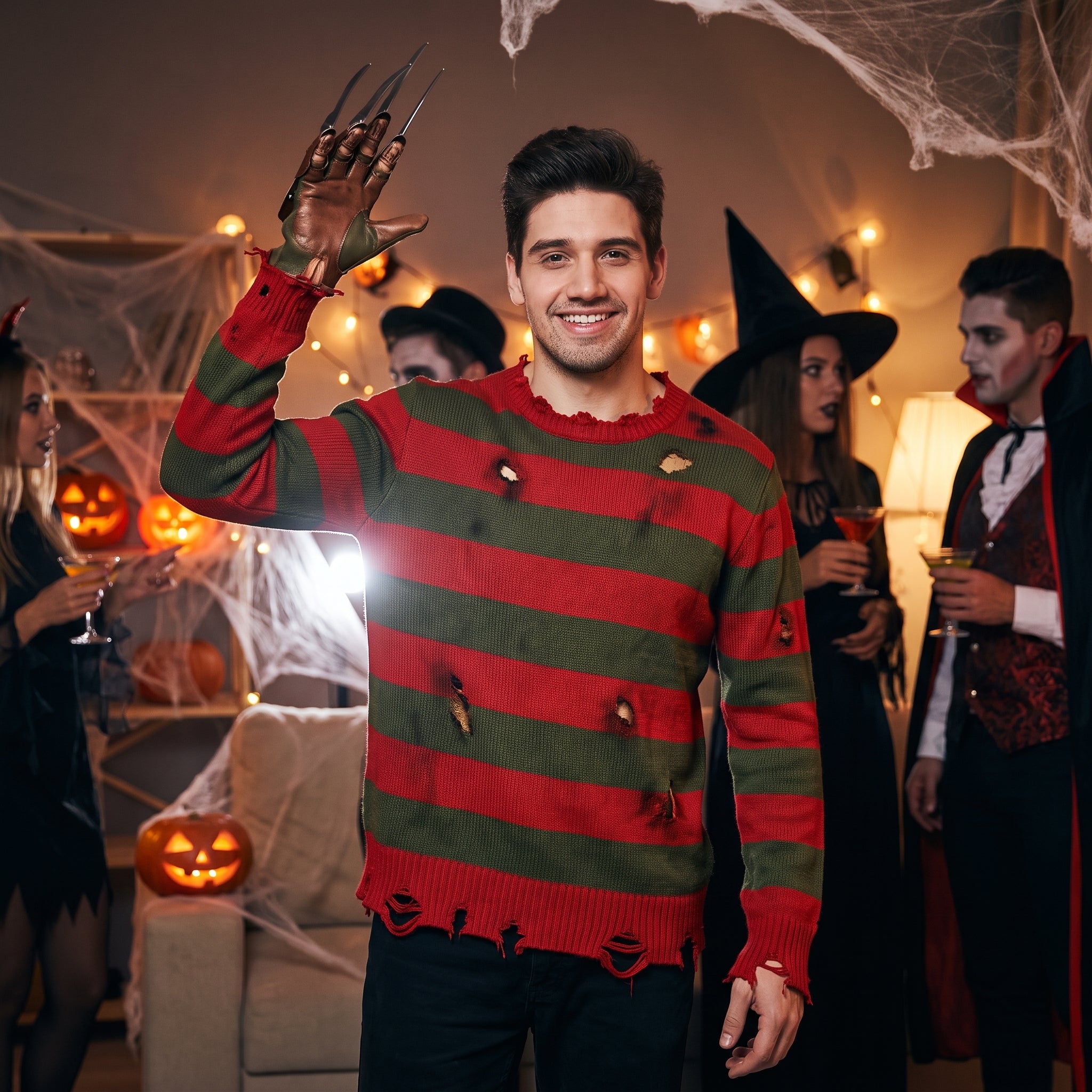 Freddy Krueger Halloween Sweater - Red/Green Striped Adult L/XL - Adult L/XL