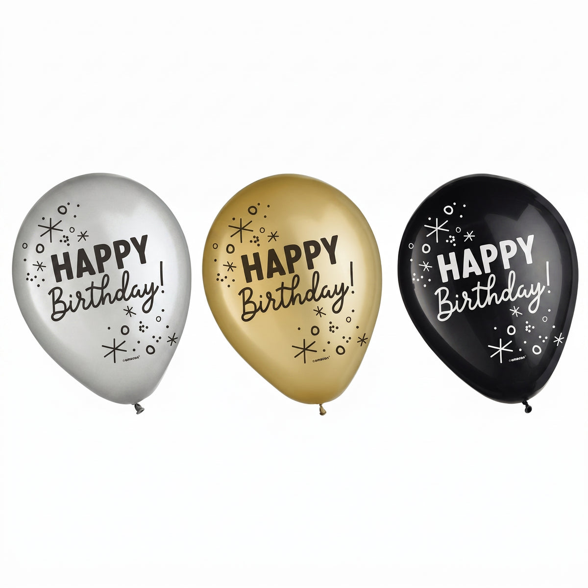 Confetti Birthday Latex Balloons - Black, Gold, Silver, 11-Inch, 15-Pack