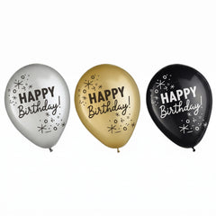 Confetti Birthday Latex Balloons - Black, Gold, Silver, 11-Inch, 15-Pack