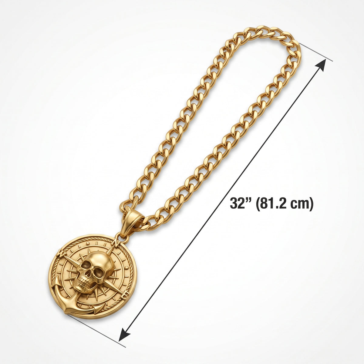 Pirate Compass Skull Medallion Necklace - 32" Gold Costume Accessory