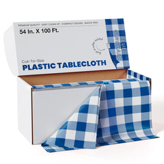 54 In. x 100 Ft. Cut to Size Plastic Table Cover | Blue Gingham
