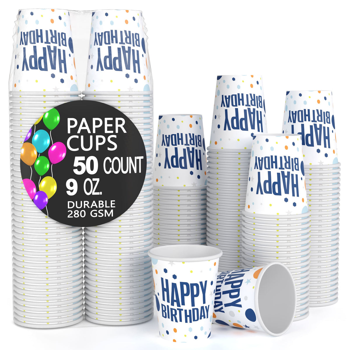 9 oz. Blue Birthday Print Paper Cups - 50 Ct.| Case of 20