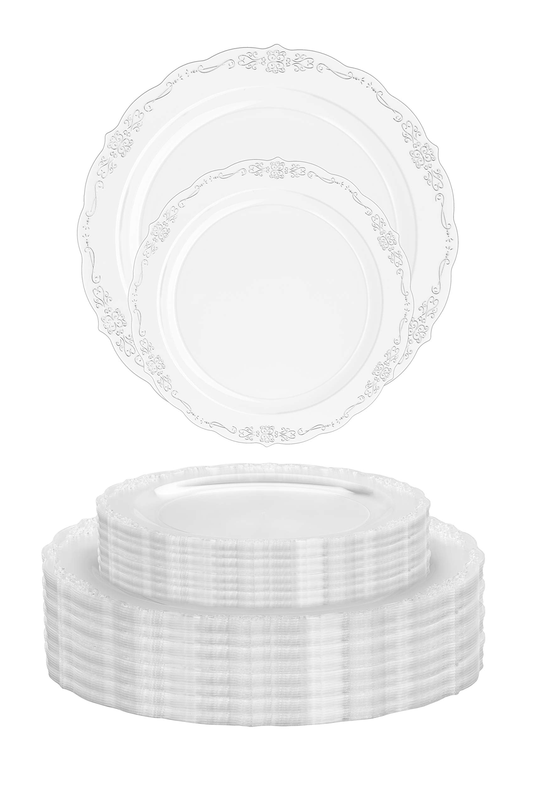 10 In. Clear Victorian Design Plastic Plates | 120 Count