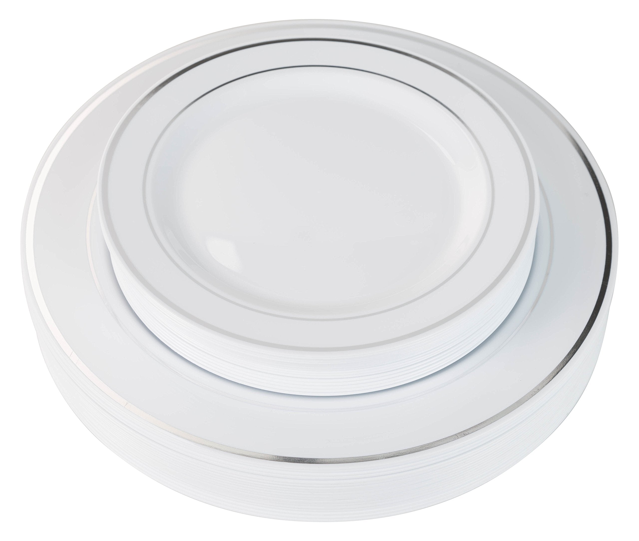 10.25 In. White/Silver Line Design Plastic Plates | 120 Count