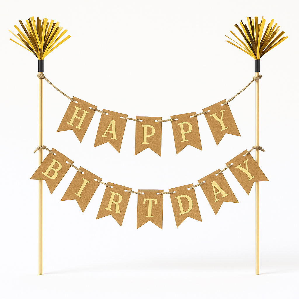 Gold Pennant Banner "Happy Birthday" Cake Topper