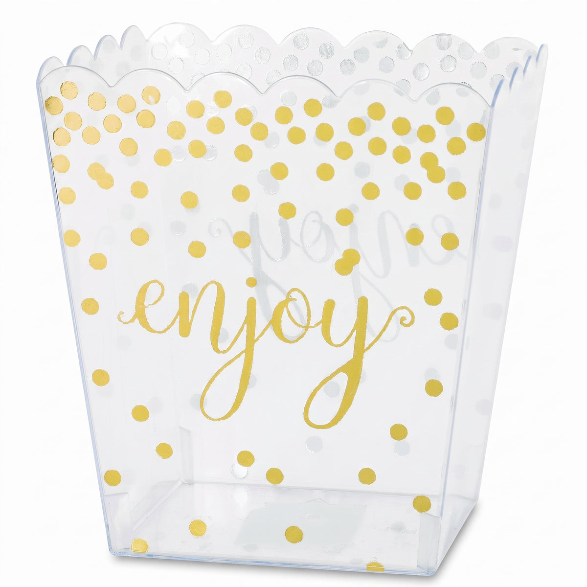 Clear Scalloped Edge Plastic Container with Gold Polka Dots - 55 Oz.