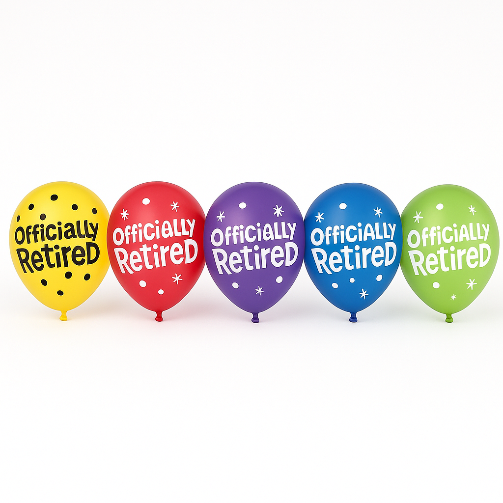 "Officially Retired" Latex Balloons - Multicolor, 12" - 15 Pack