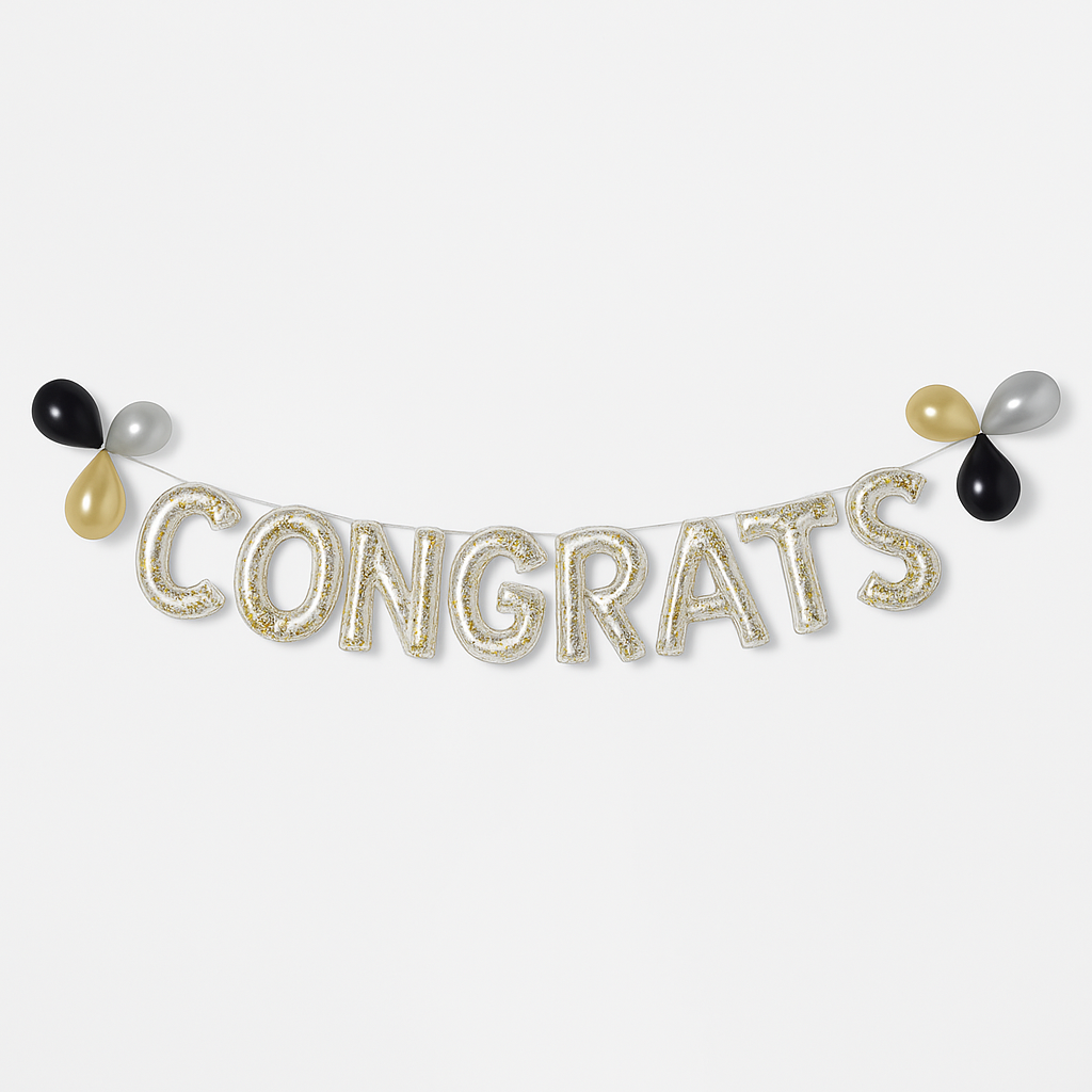 "Congrats" Silver Glitter Confetti Air-Filled Balloon Banner