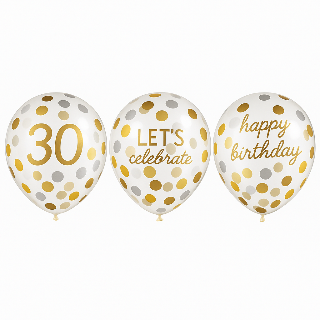 Golden 30th Birthday Confetti Latex Balloons, 12-Inch, 6-Pack