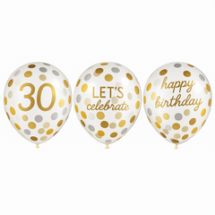 Golden 30th Birthday Confetti Latex Balloons, 12-Inch, 6-Pack