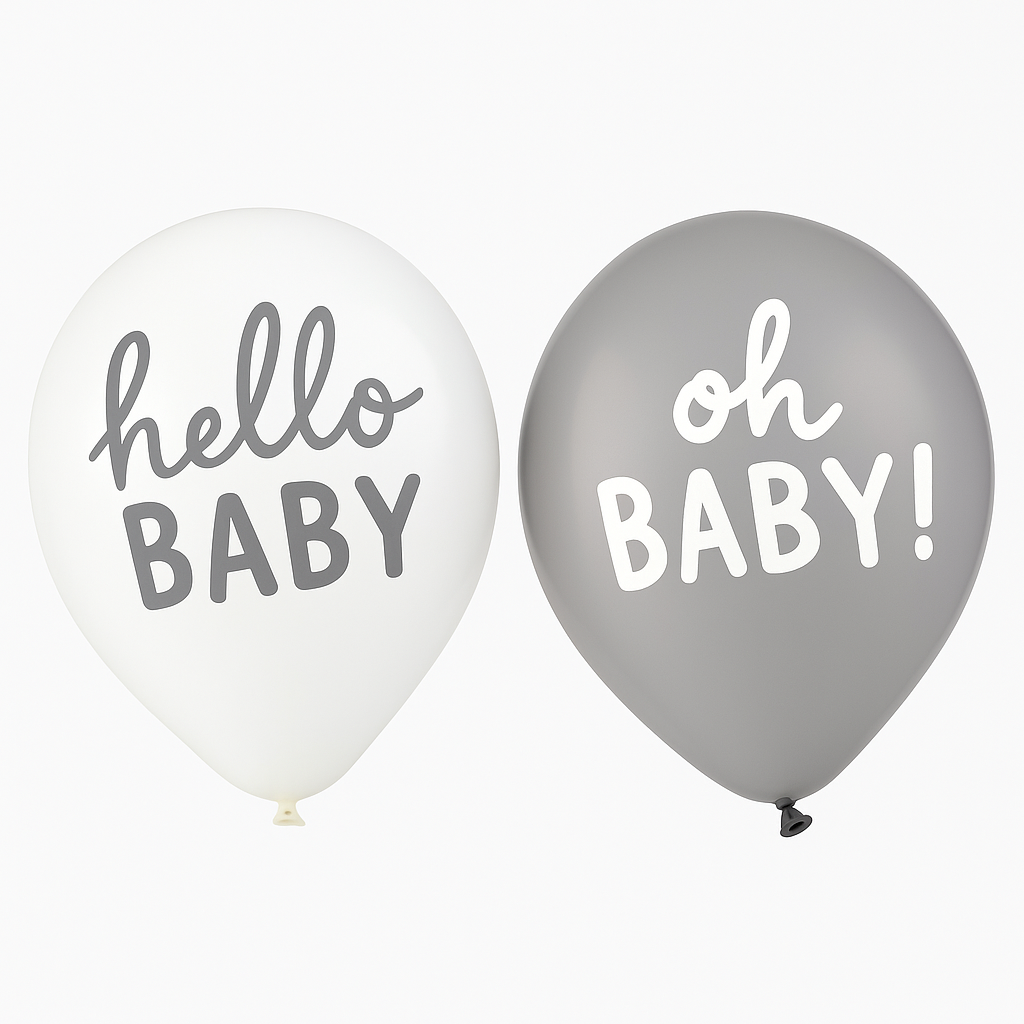 Soft Jungle "Hello Baby" Latex Balloons, White/Silver, 12-Inch, 15-Pack