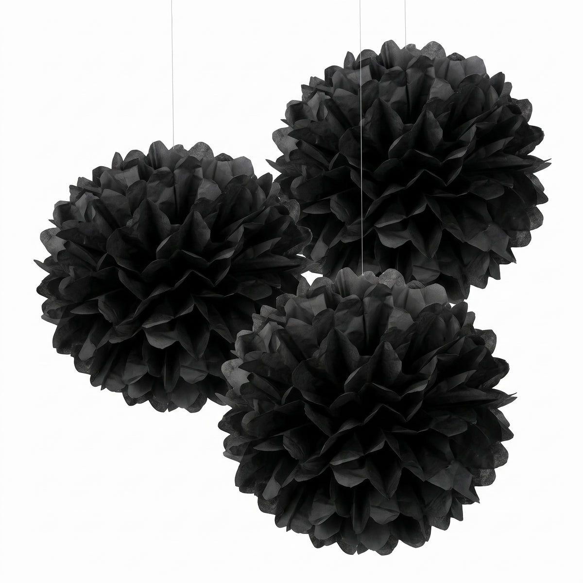 Black Fluffy Tissue Pom Pom Decorations, 16-Inch, 3-Pack