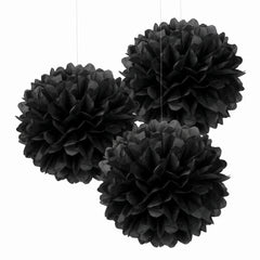 Black Fluffy Tissue Pom Pom Decorations, 16-Inch, 3-Pack