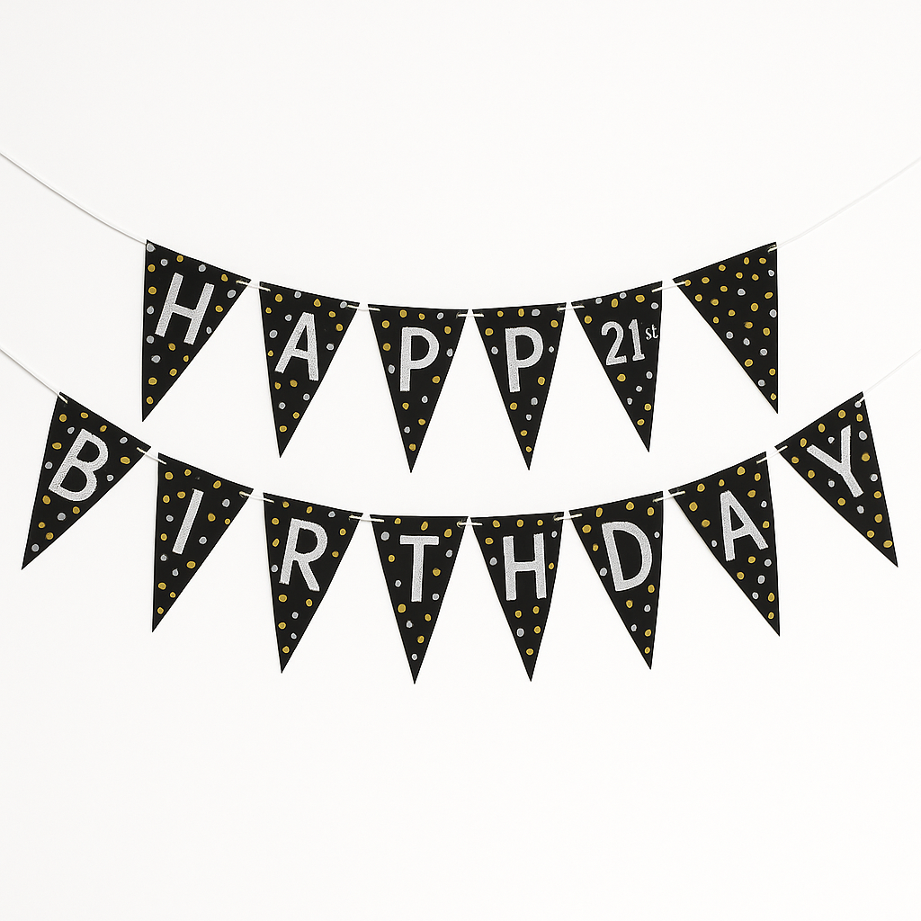 Sparkling Celebration "Happy Birthday" Customizable Pennant Banner - Black/Gold/Silver