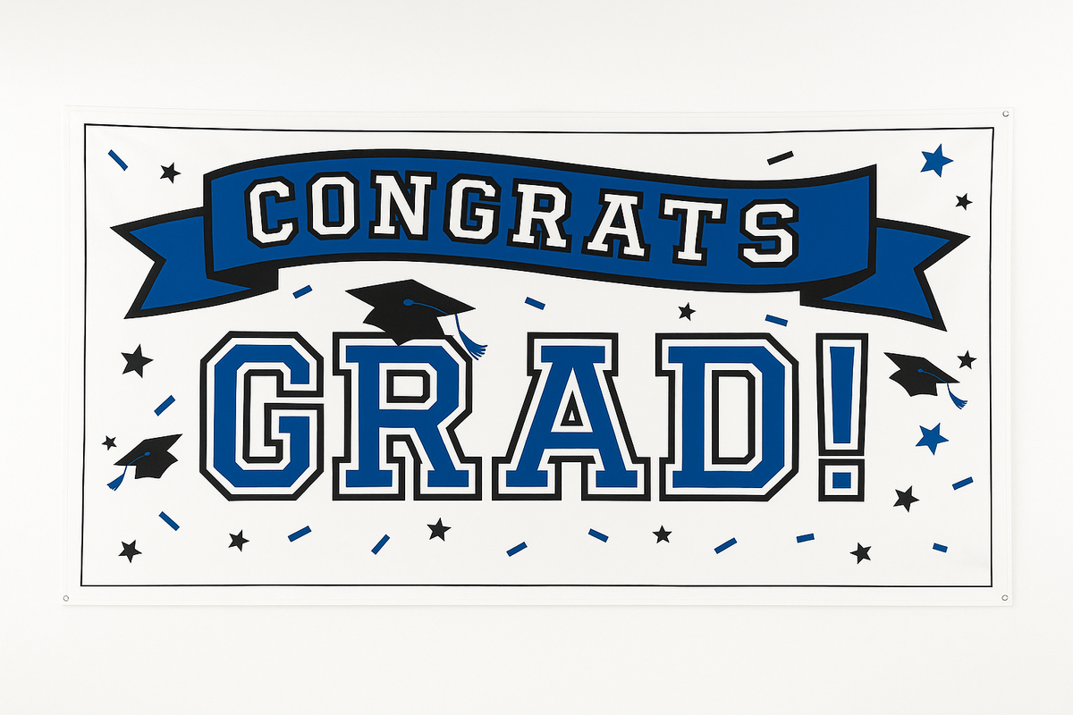Congrats Grad Large Horizontal Banner - Blue & Black Theme