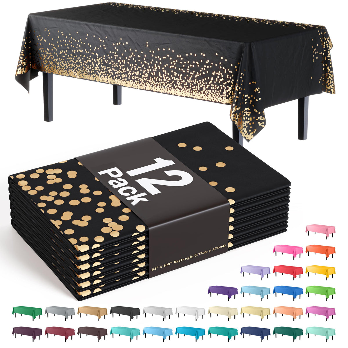 Black & Gold Celebrate Printed Plastic Table Covers | 12 Count