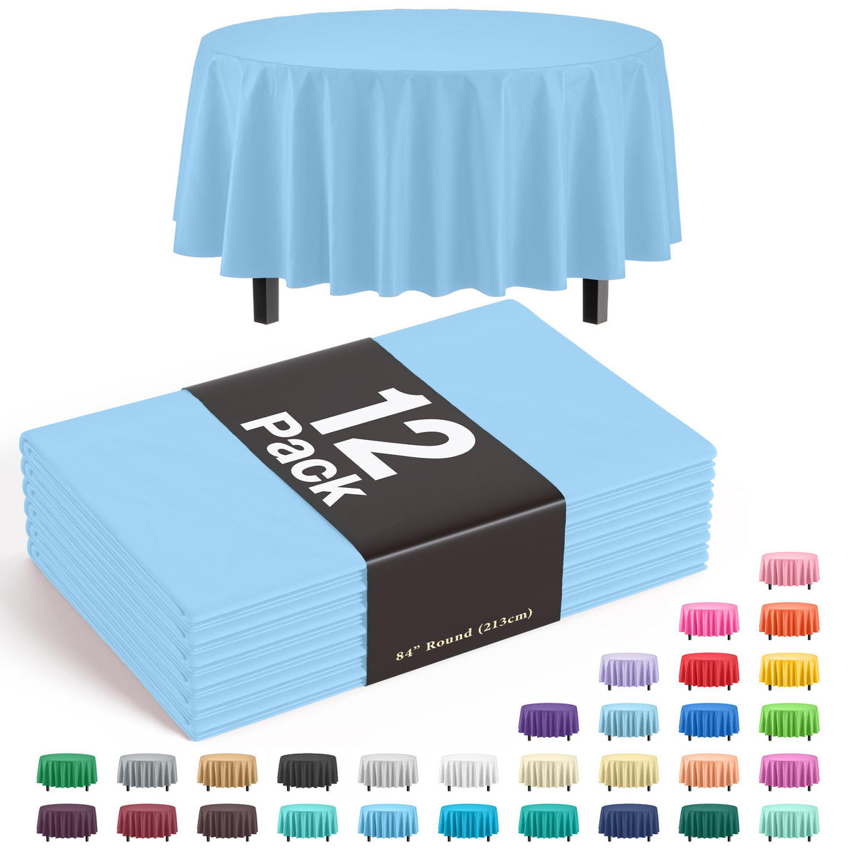 Premium Round Light Blue Table Covers | 12 Pack