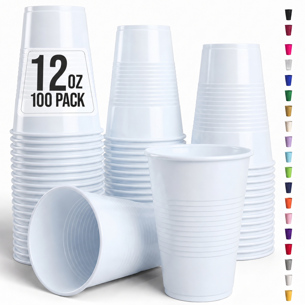 12 Oz. White Plastic Cups | 100 Count