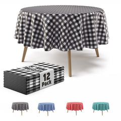 Round Black Gingham Plastic Table Covers | 12 Pack | 84 in.