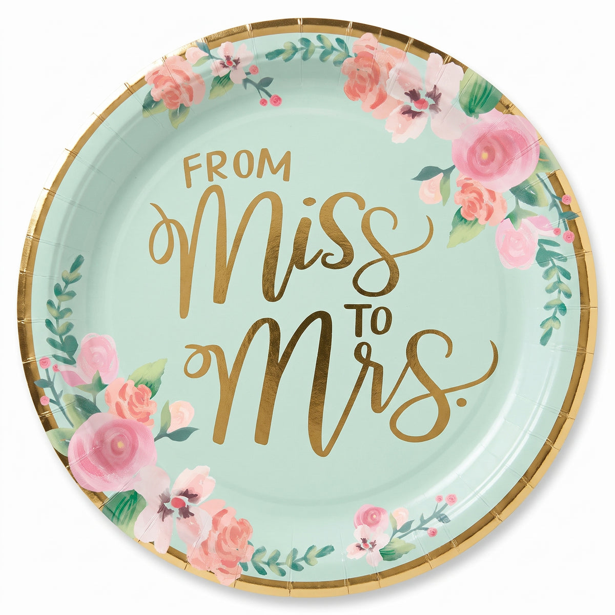 "From Miss to Mrs." Metallic Mint Floral Wedding Plates, 10.5-Inch, 8-Pack