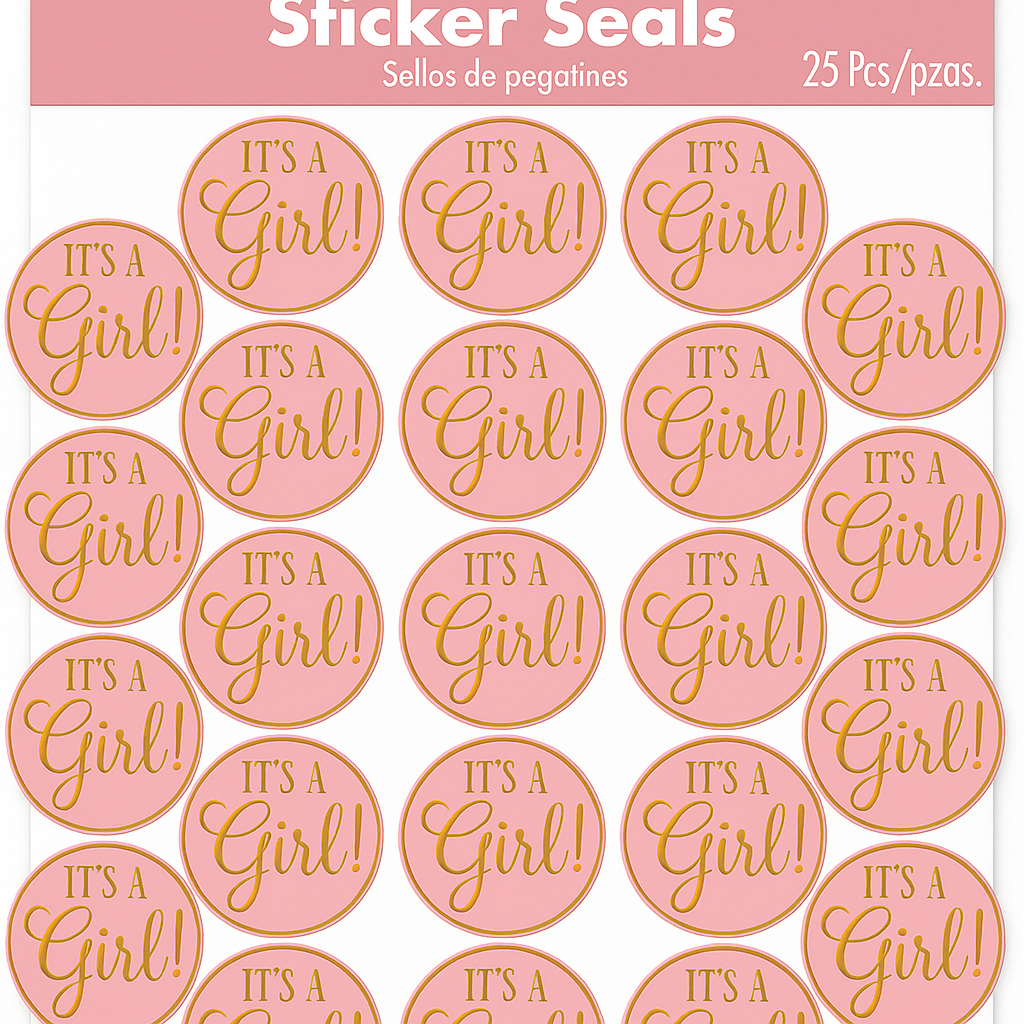 Pink "It's A Girl" Sticker Seals for Baby Showers, 25-Pack