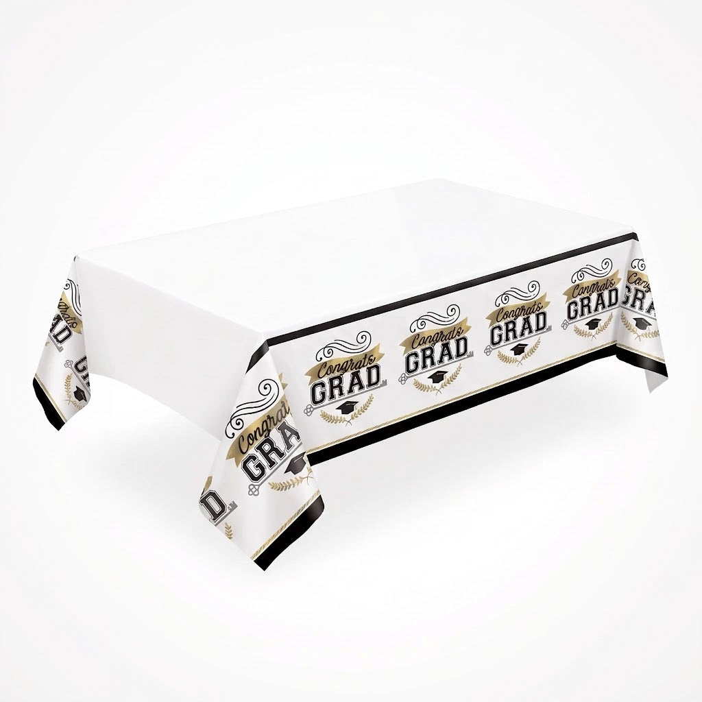 "Congrats Grad" Plastic Table Cover - Black & Gold 54x84 inch for Graduation