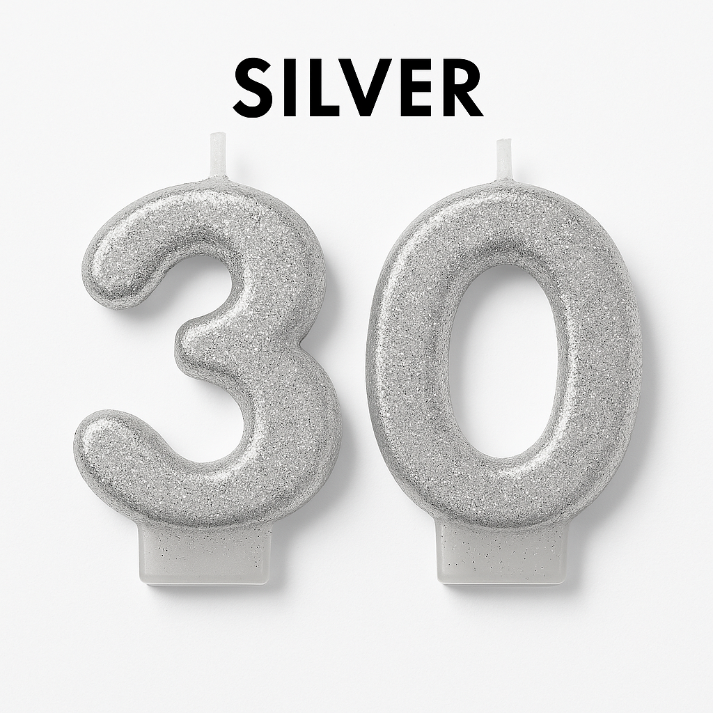 Sparkling Silver Glitter Number 30 Birthday Candles, 2-Piece Set