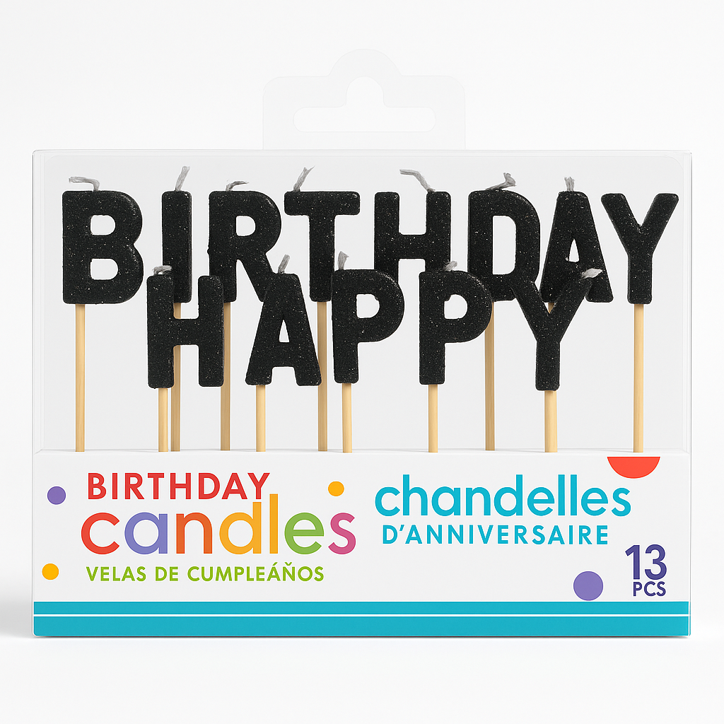 Glitter Black "Happy Birthday" Pick Candles, 13-Pack
