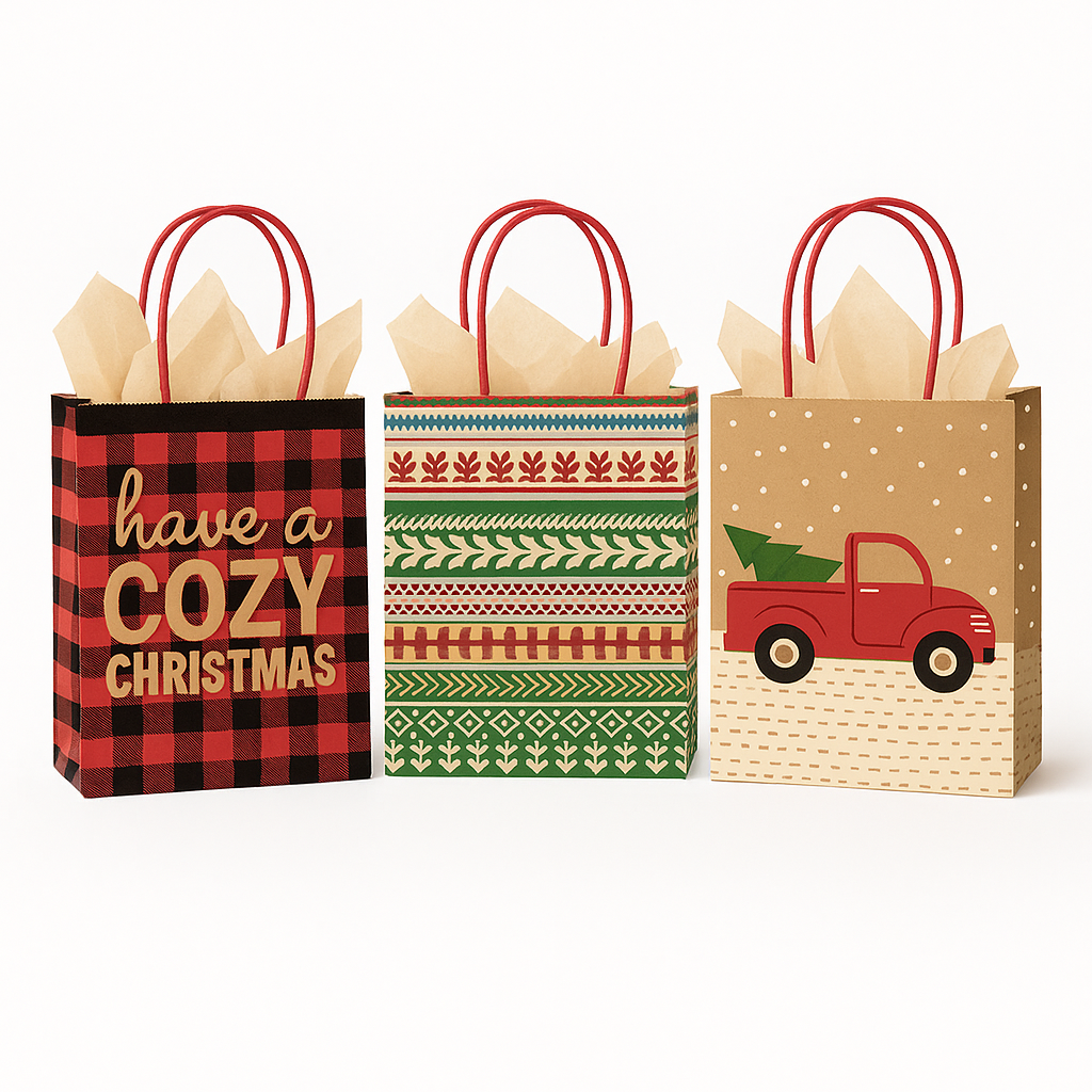 Cozy Christmas Kraft Gift Bags, 3-Pack