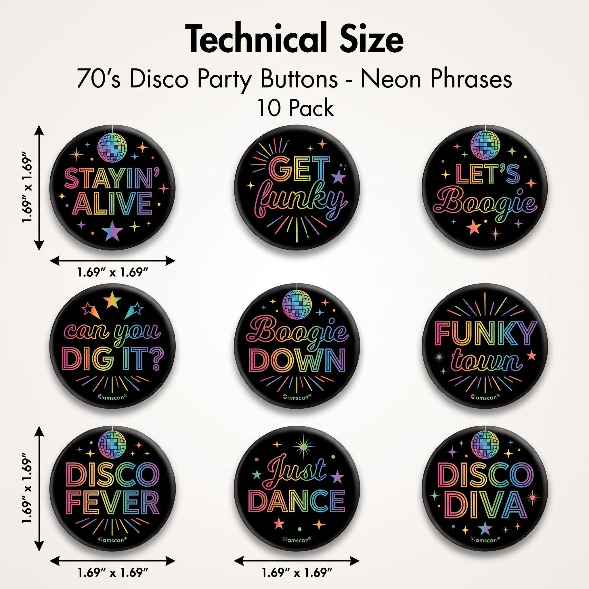 70's Disco Party Buttons - Neon Phrases, 10-Pack