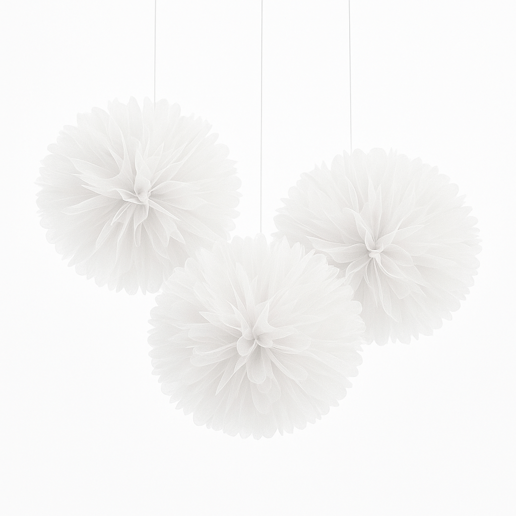 Whimsical White Tulle Fluffy Decorations ‚Äì 3 Pack