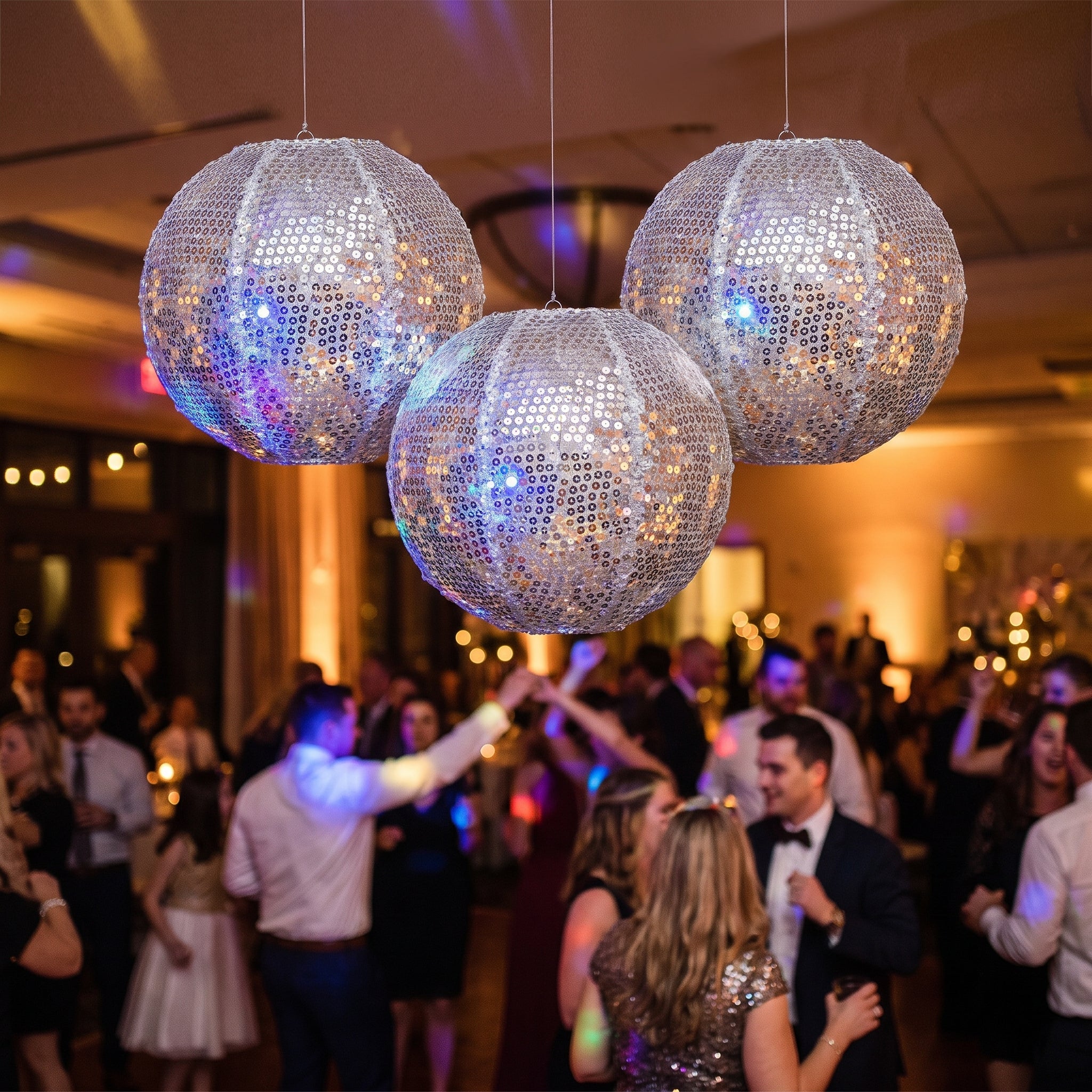 Silver Sequin Fabric Lanterns - 9.5 In. | Set of 3
