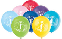 8ct, 12" 1St Happy Birthday Printed Latex Balloon