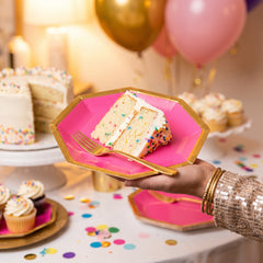 Bright Pink Hexagon Metallic Party Plates - 9"