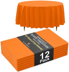Premium Round Orange Plastic Table Covers | 12 Pack | 84 in.