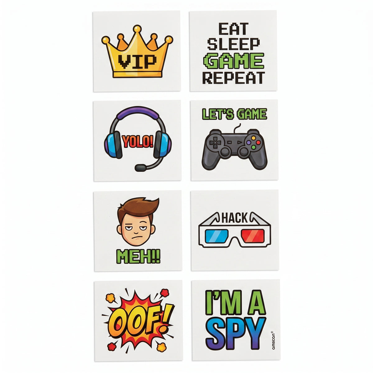 Party Town Gamer-Themed Temporary Tattoos, 8-Pack
