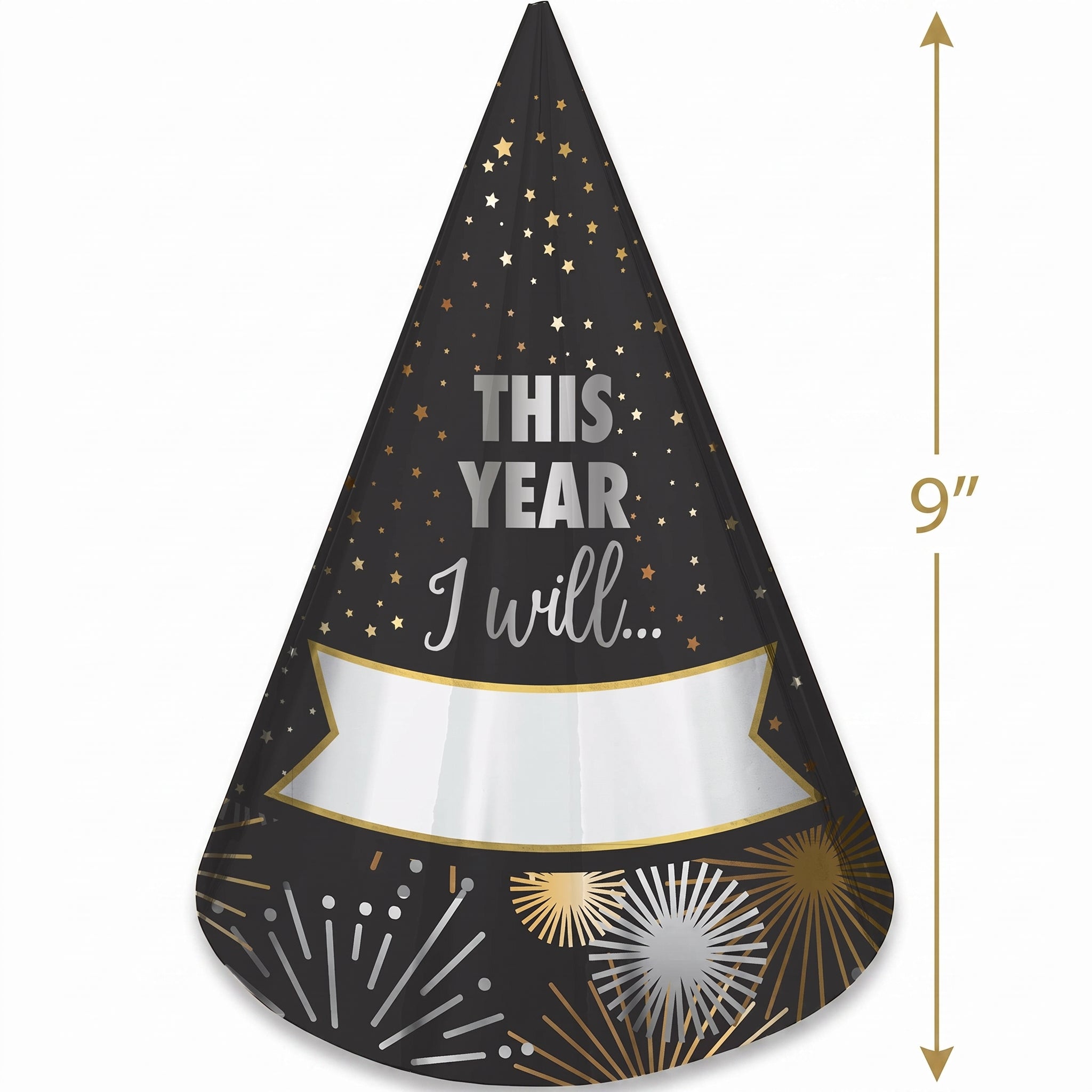 New Year's Resolution Fill-In Cone Party Hats, 8-Pack