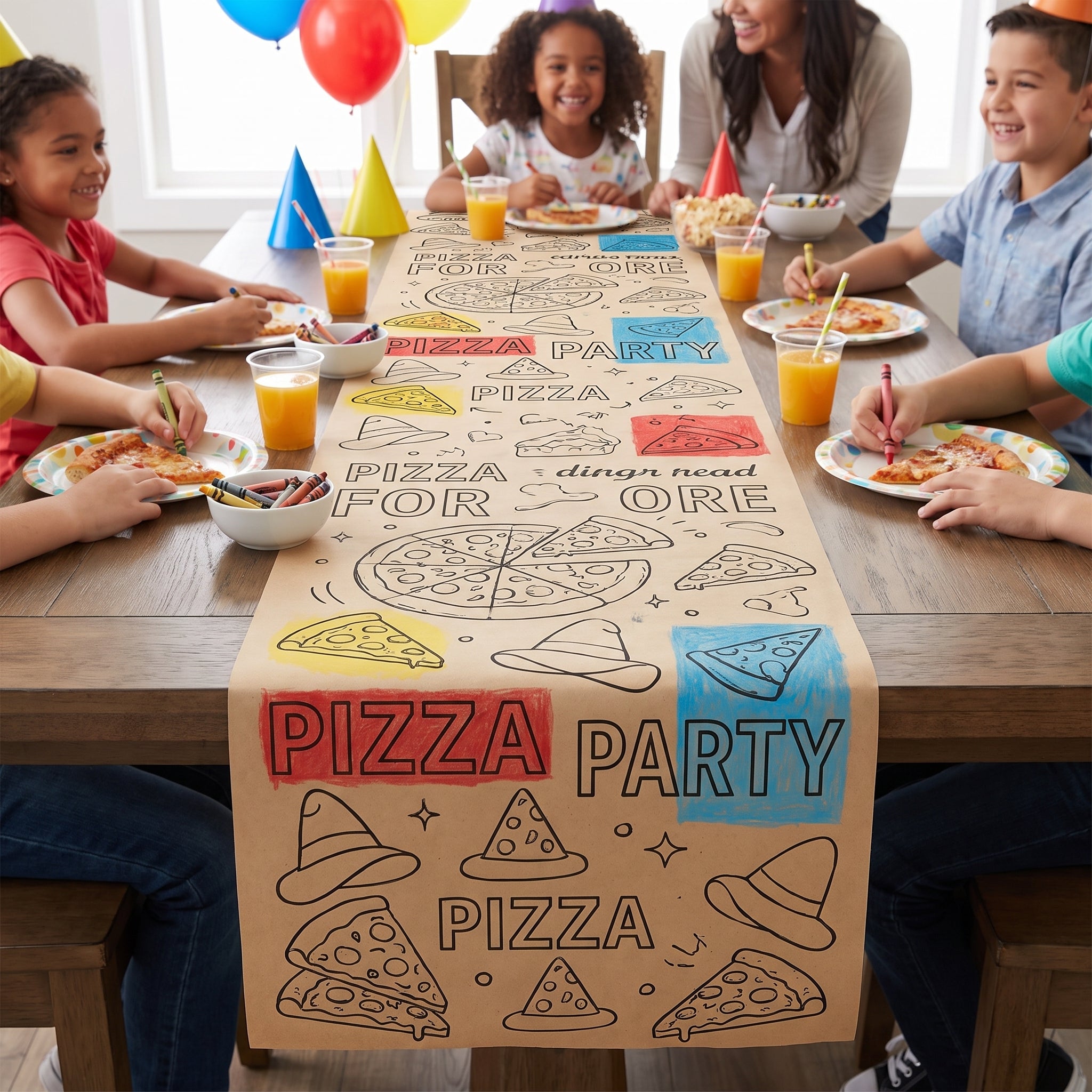 Pizza Party Kraft Paper Table Runner with Crayons, 13x72 Inches