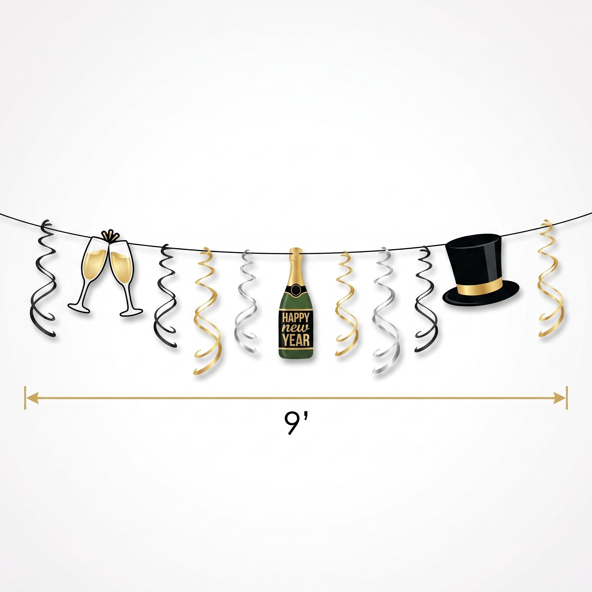 New Year's Eve Top Hat & Swirl Hanging Garland, 9-ft, Black/Gold/Silver