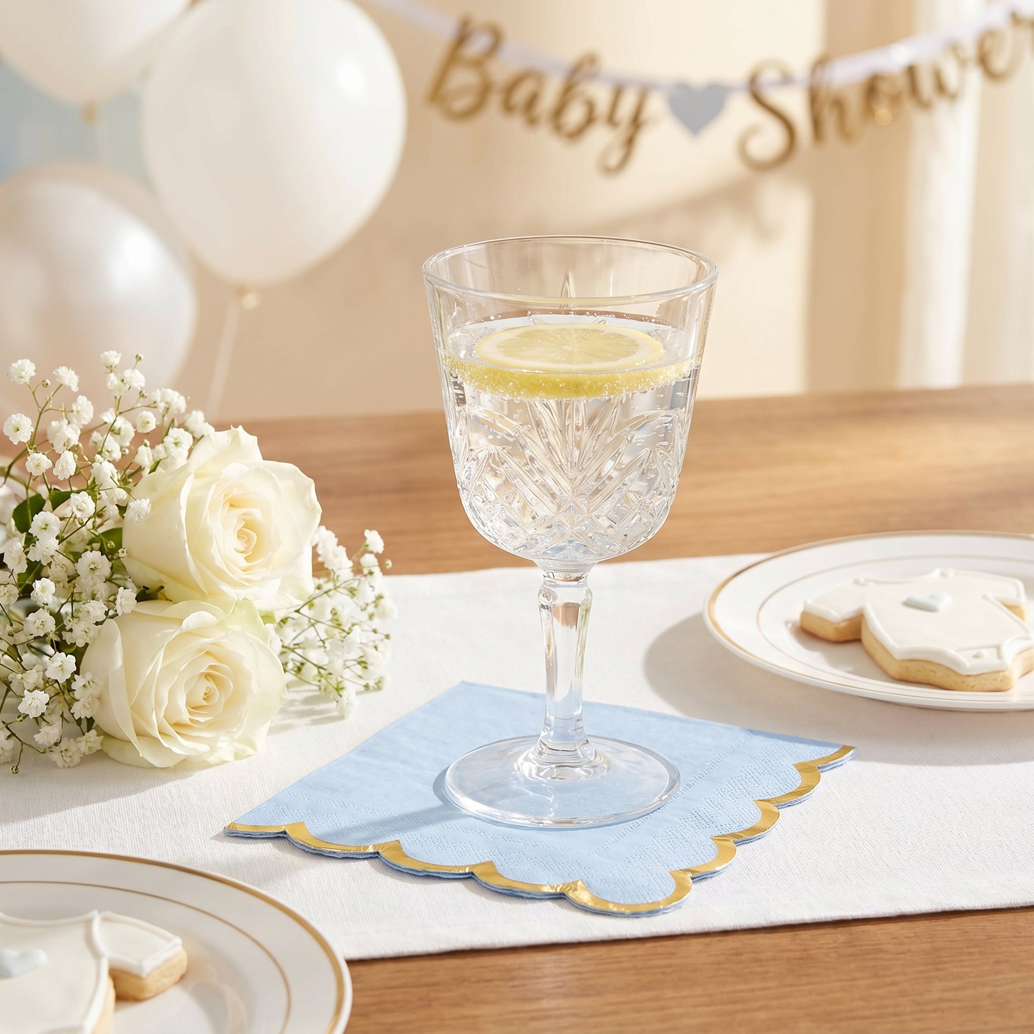 Scalloped Edge Beverage Napkins - Ice Blue with Gold Foil Border, Decorative Cocktail Napkins for Baby Shower, Birthday, Tea Party, Christening - 5 In. X 5 In.