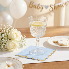 Scalloped Edge Beverage Napkins - Ice Blue with Gold Foil Border, Decorative Cocktail Napkins for Baby Shower, Birthday, Tea Party, Christening - 5 In. X 5 In.