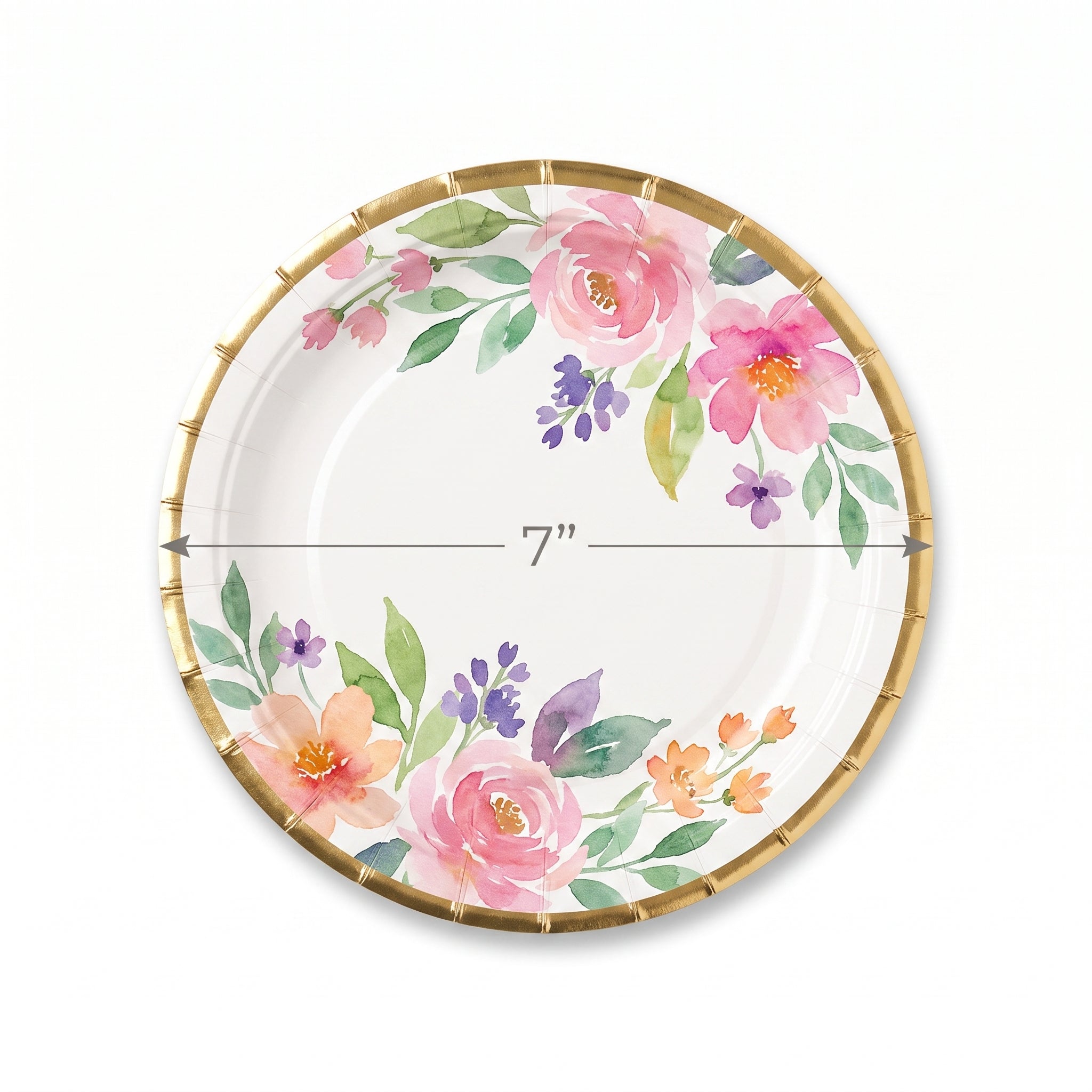 Romantic Floral 7" Round Paper Plates with Gold Trim