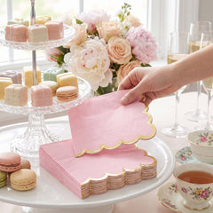 Pink Scalloped Beverage Napkins with Gold Stamp - 5 In. X 5 In.