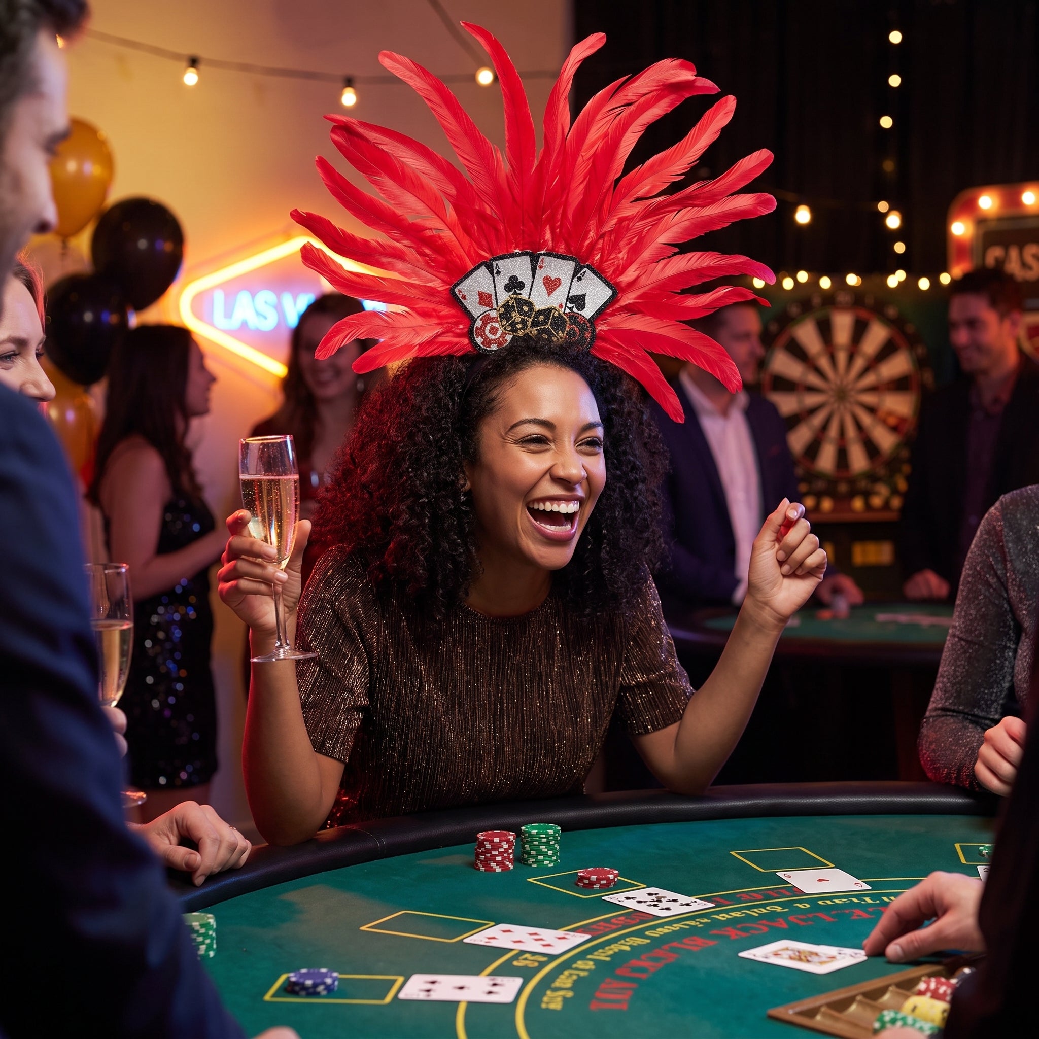 Deluxe Casino Feather Headband with Poker Chip and Card Design