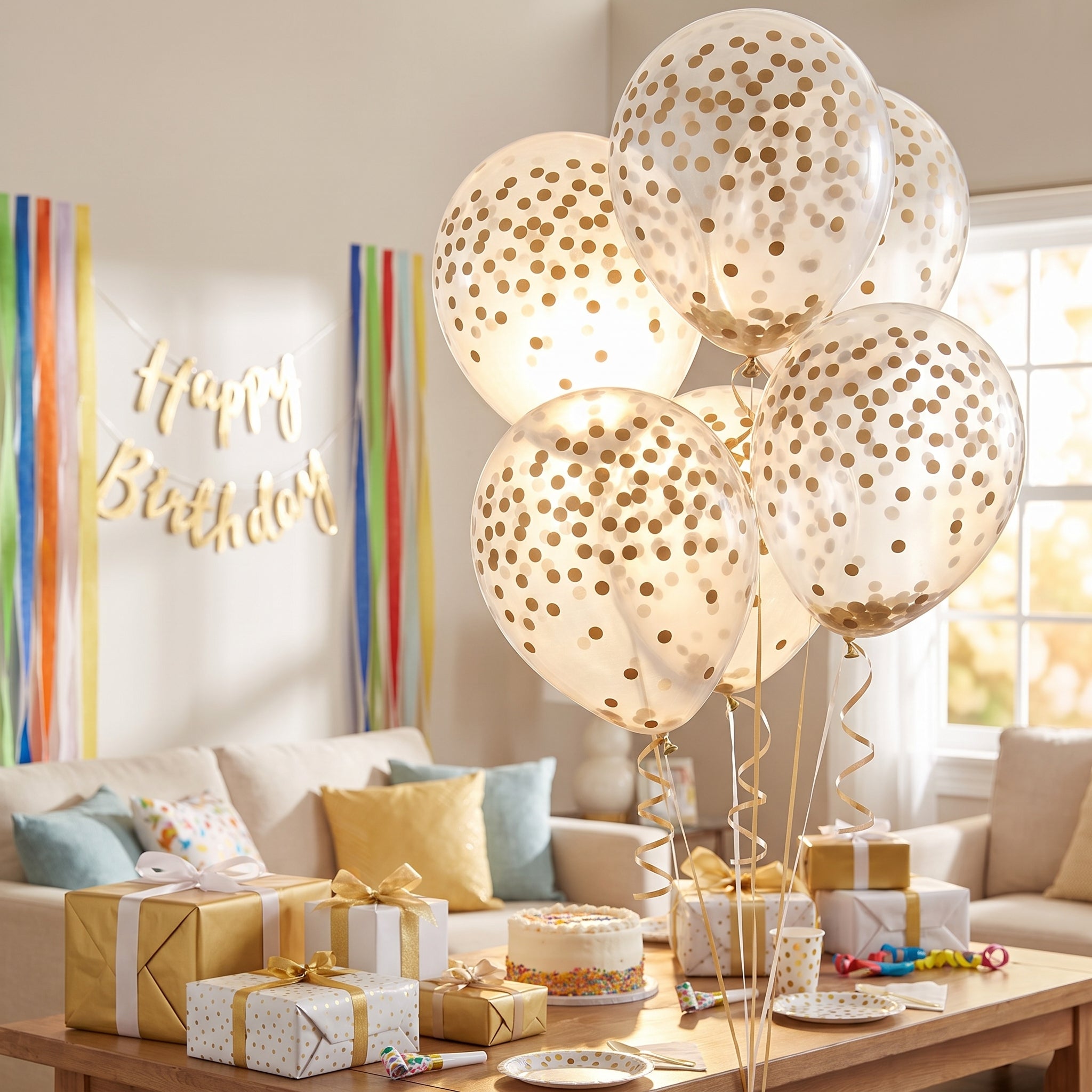 Gold Confetti Print Transparent Latex Balloons, 12-inch, 6-Pack